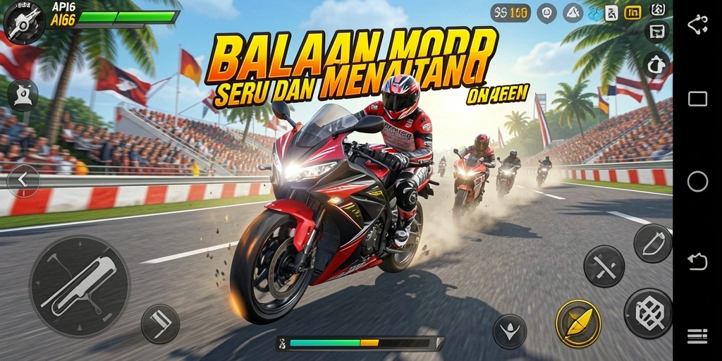 Tangkapan layar gameplay menunjukkan aksi balap motor yang mendebarkan.