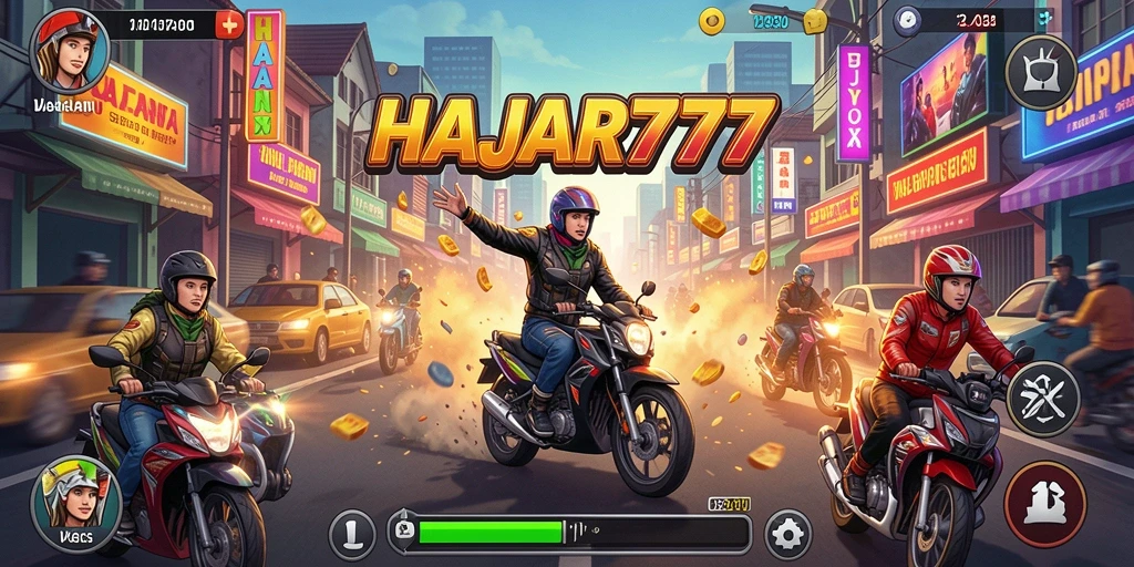 Gameplay seru HAJAR777 dengan aksi balapan mendebarkan.
