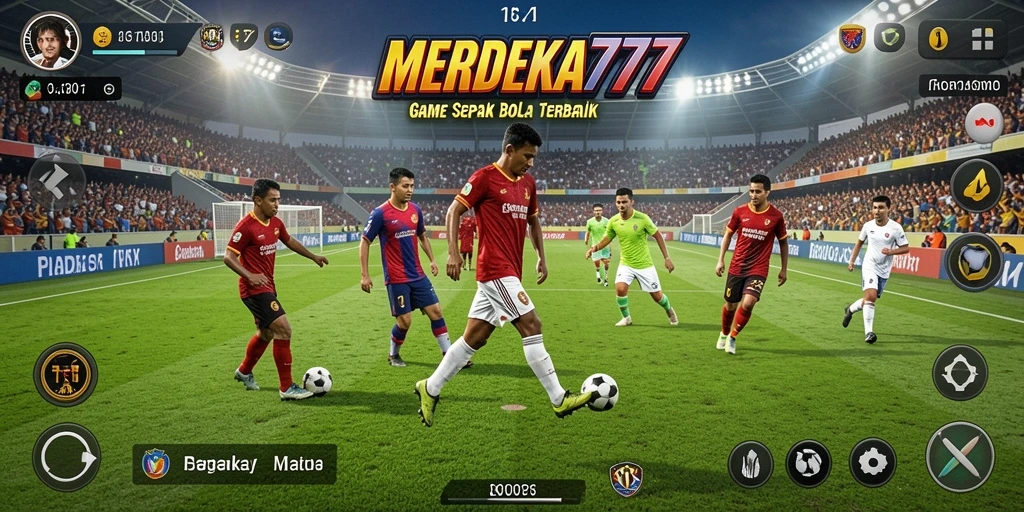 Screenshot gameplay <strong>MERDEKA777</strong> menampilkan aksi seru di lapangan sepak bola.