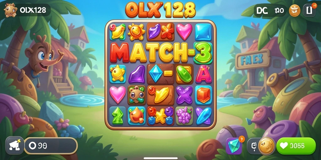 Screenshot OLX128 menampilkan momen mendebarkan dalam permainan Match-3.